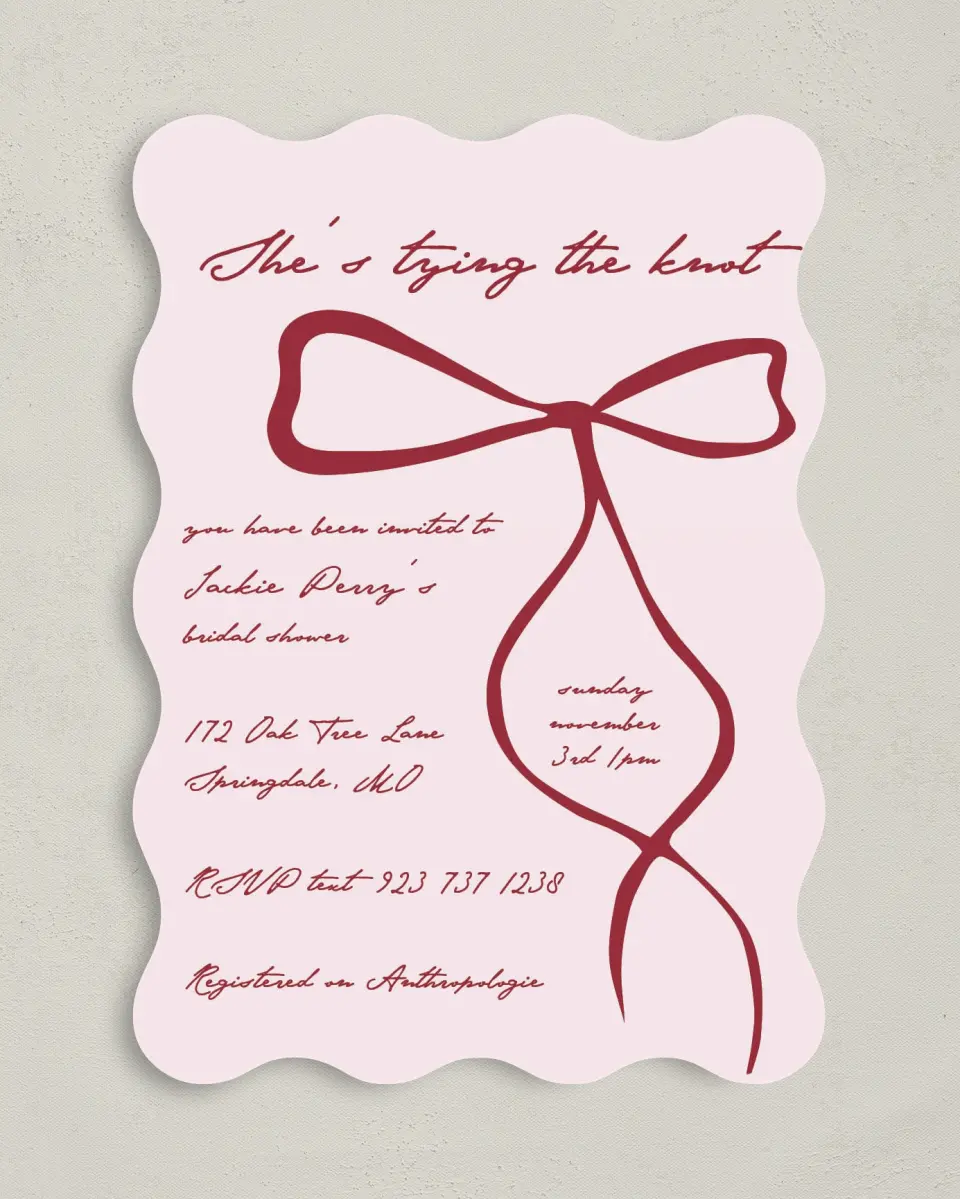 This is a 5" x 7" Bridal Shower Invitation called Tied the Knot printed in full color on Premium Smooth paper