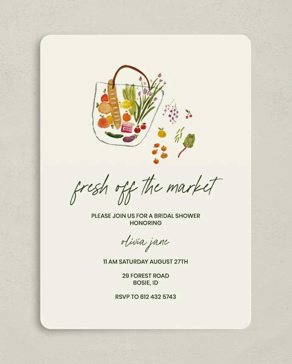 This is a 5" x 7" Bridal Shower Invitation called Fresh for You printed in full color on Premium Smooth paper