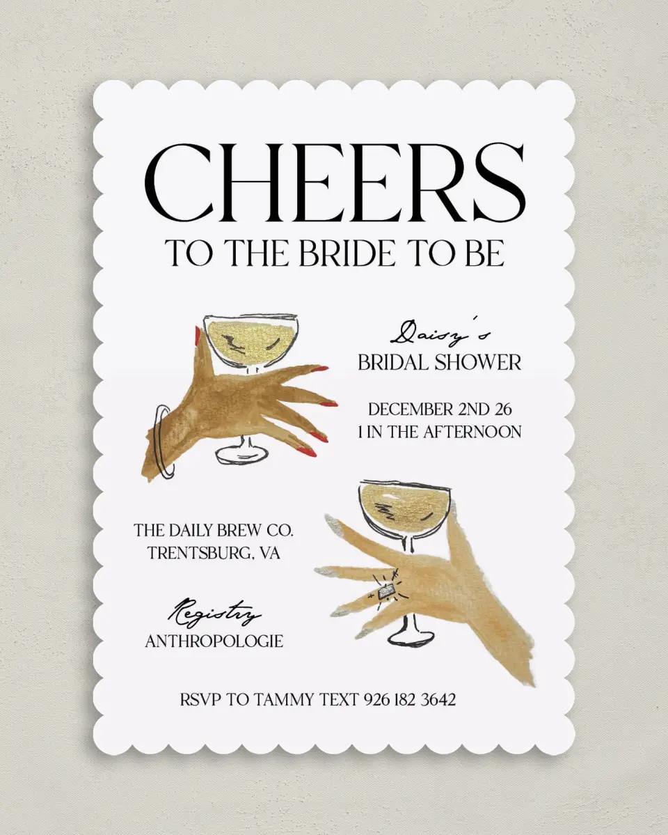 This is a 5" x 7" Bridal Shower Invitation called Cheers! printed in full color on Premium Smooth paper