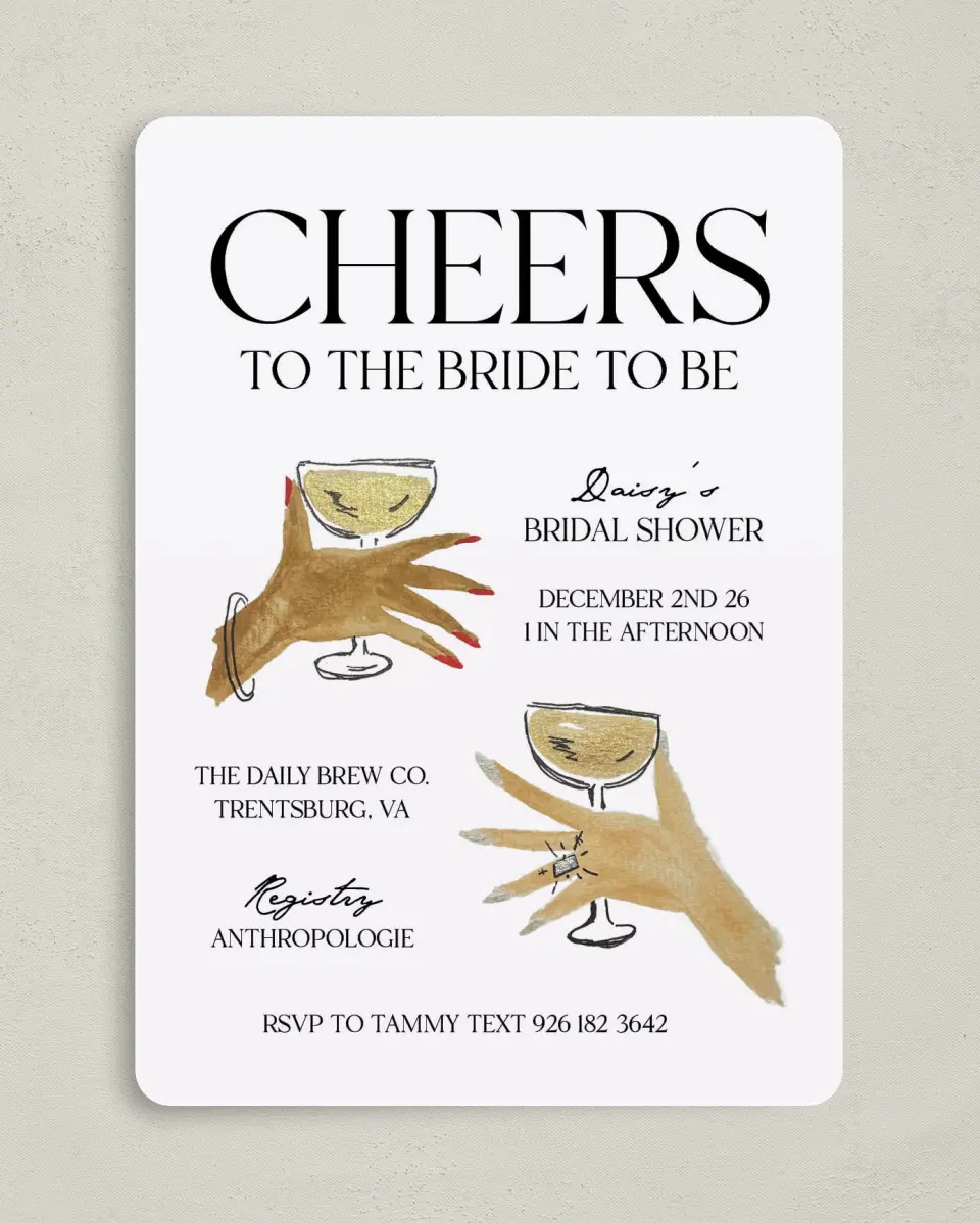This is a 5" x 7" Bridal Shower Invitation called Cheers! printed in full color on Premium Smooth paper