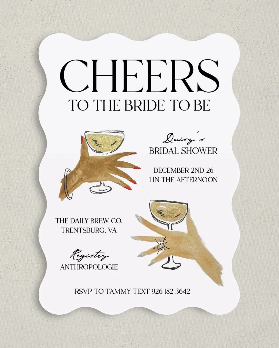 This is a 5" x 7" Bridal Shower Invitation called Cheers! printed in full color on Premium Smooth paper