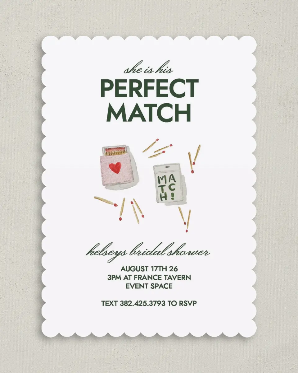 This is a 5" x 7" Bridal Shower Invitation called Perfect Match printed in full color on Premium Smooth paper