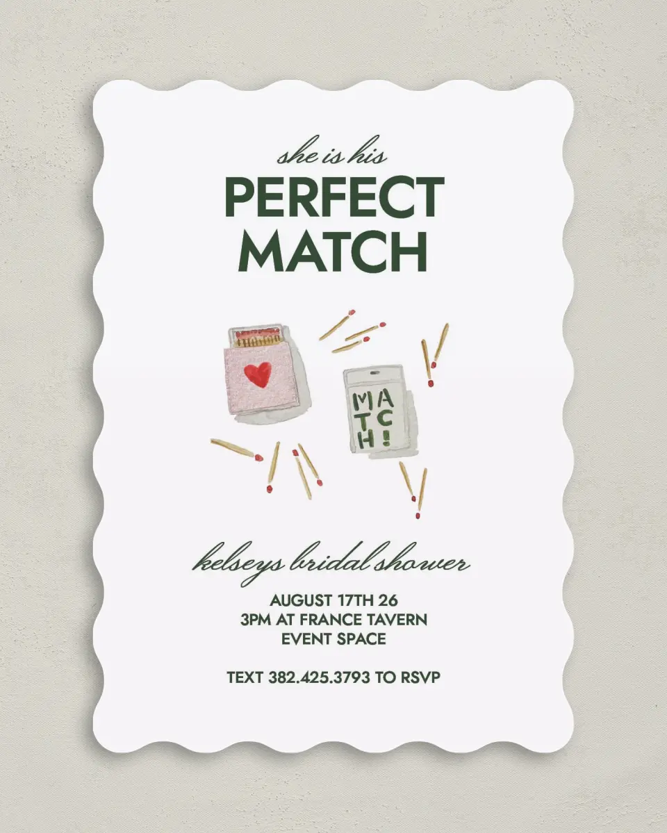 This is a 5" x 7" Bridal Shower Invitation called Perfect Match printed in full color on Premium Smooth paper