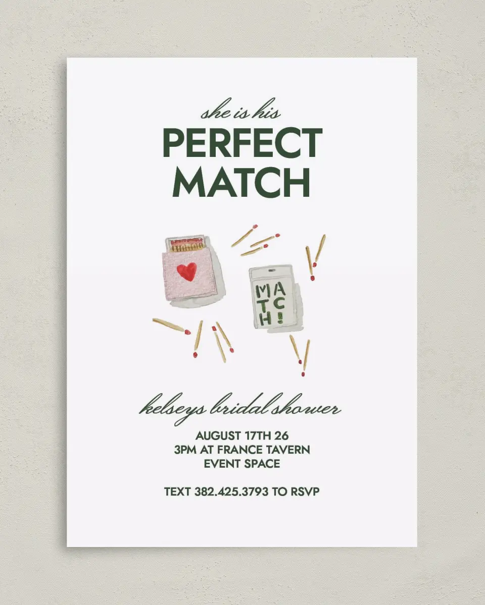 This is a 5" x 7" Bridal Shower Invitation called Perfect Match printed in full color with Gold foil on Luxe Satin (coated) paper