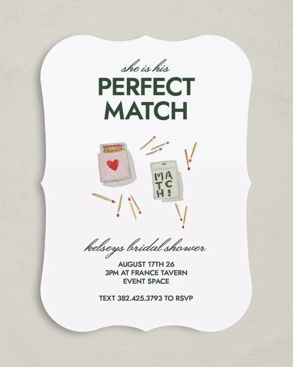 This is a 5" x 7" Bridal Shower Invitation called Perfect Match printed in full color with Rose Gold foil on Luxe Satin (coated) paper