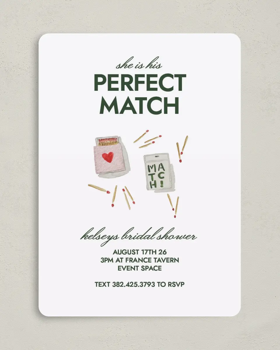 This is a 5" x 7" Bridal Shower Invitation called Perfect Match printed in full color on Premium Smooth paper