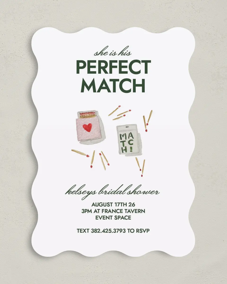 This is a 5" x 7" Bridal Shower Invitation called Perfect Match printed in full color on Premium Smooth paper