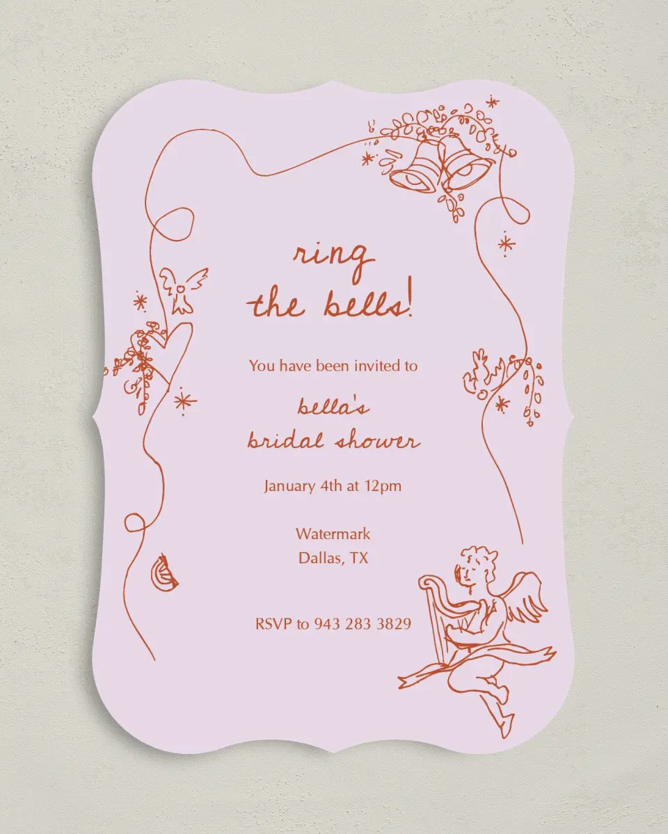 This is a 5" x 7" Bridal Shower Invitation called Bridal Bells printed in full color with Rose Gold foil on Luxe Satin (coated) paper