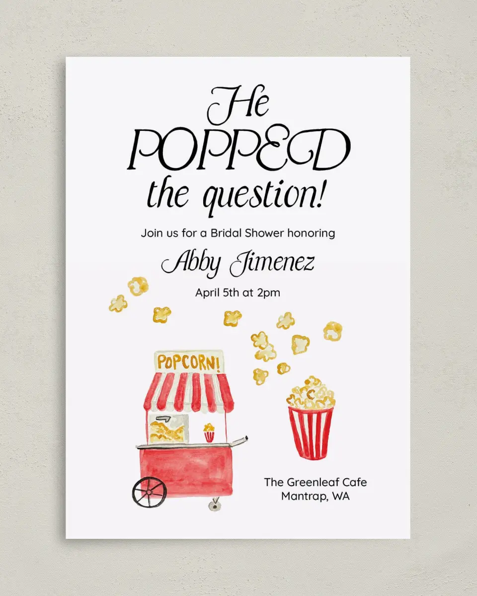 This is a 5" x 7" Bridal Shower Invitation called Popped the Question printed in full color on Premium Smooth paper