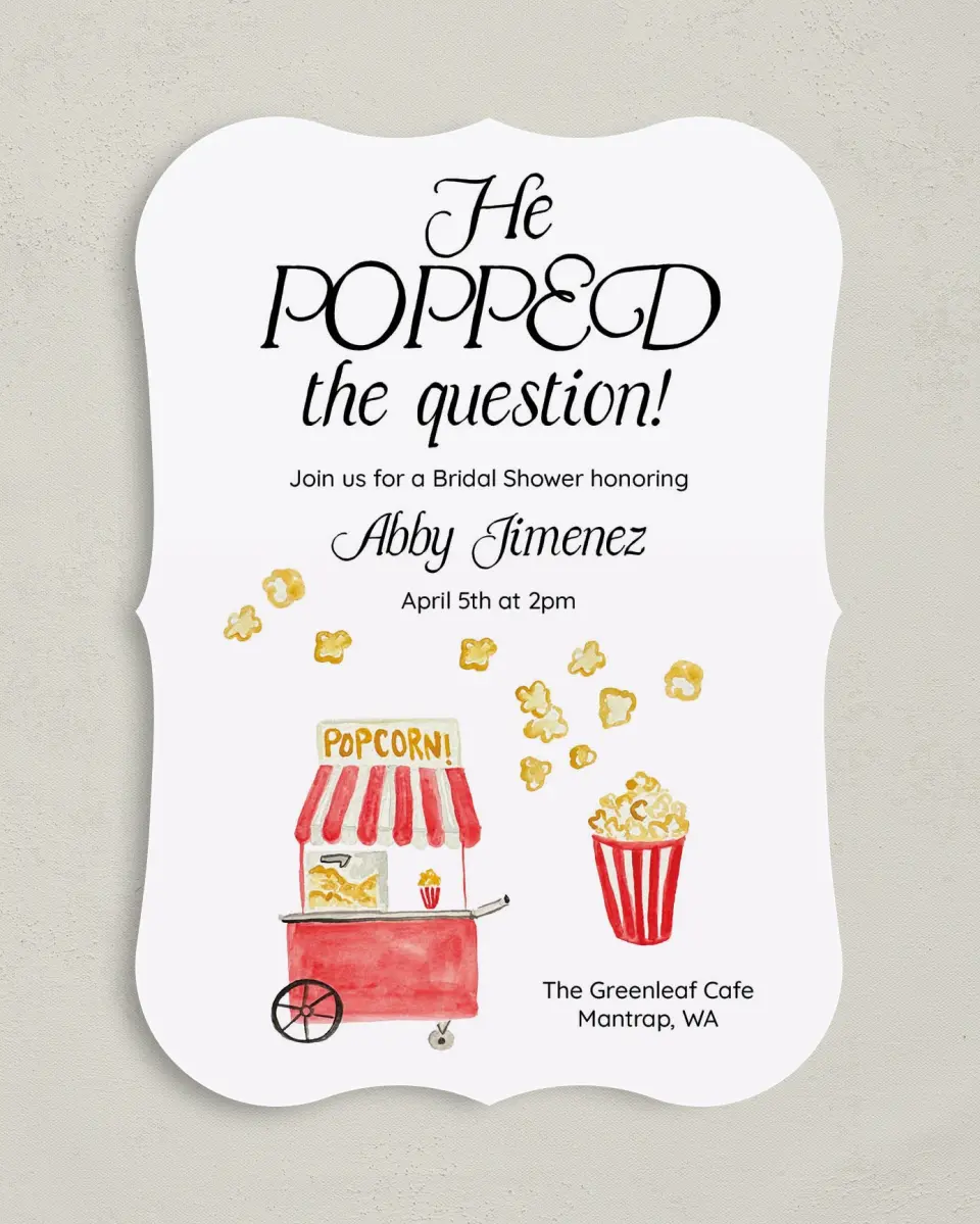 This is a 5" x 7" Bridal Shower Invitation called Popped the Question printed in full color on Premium Smooth paper
