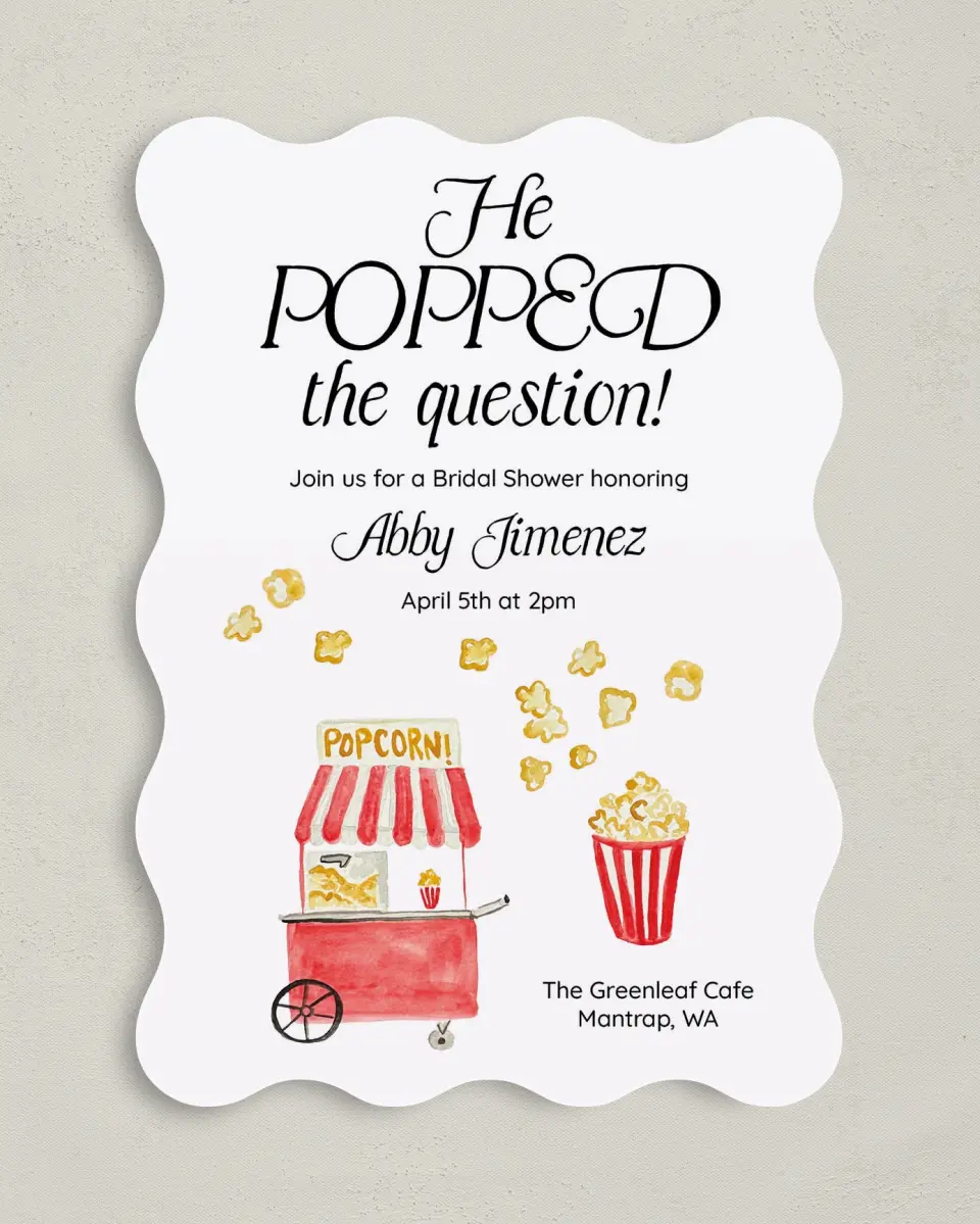 This is a 5" x 7" Bridal Shower Invitation called Popped the Question printed in full color on Premium Smooth paper