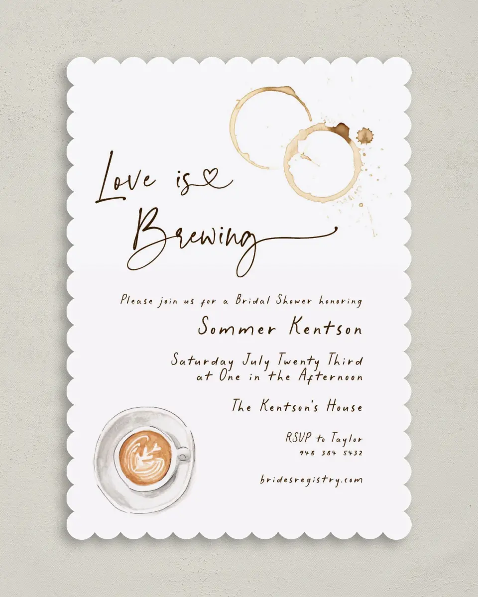 This is a 5" x 7" Bridal Shower Invitation called Love is Brewing printed in full color on Premium Smooth paper