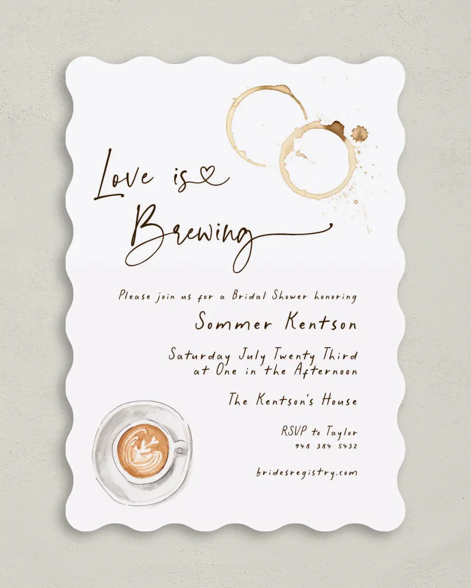 This is a 5" x 7" Bridal Shower Invitation called Love is Brewing printed in full color on Premium Smooth paper