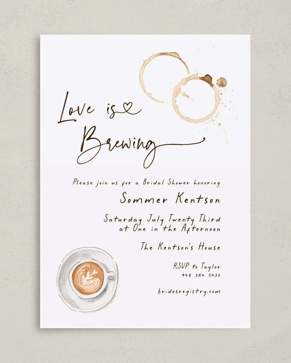 This is a 5" x 7" Bridal Shower Invitation called Love is Brewing printed in full color with Gold foil on Luxe Satin (coated) paper