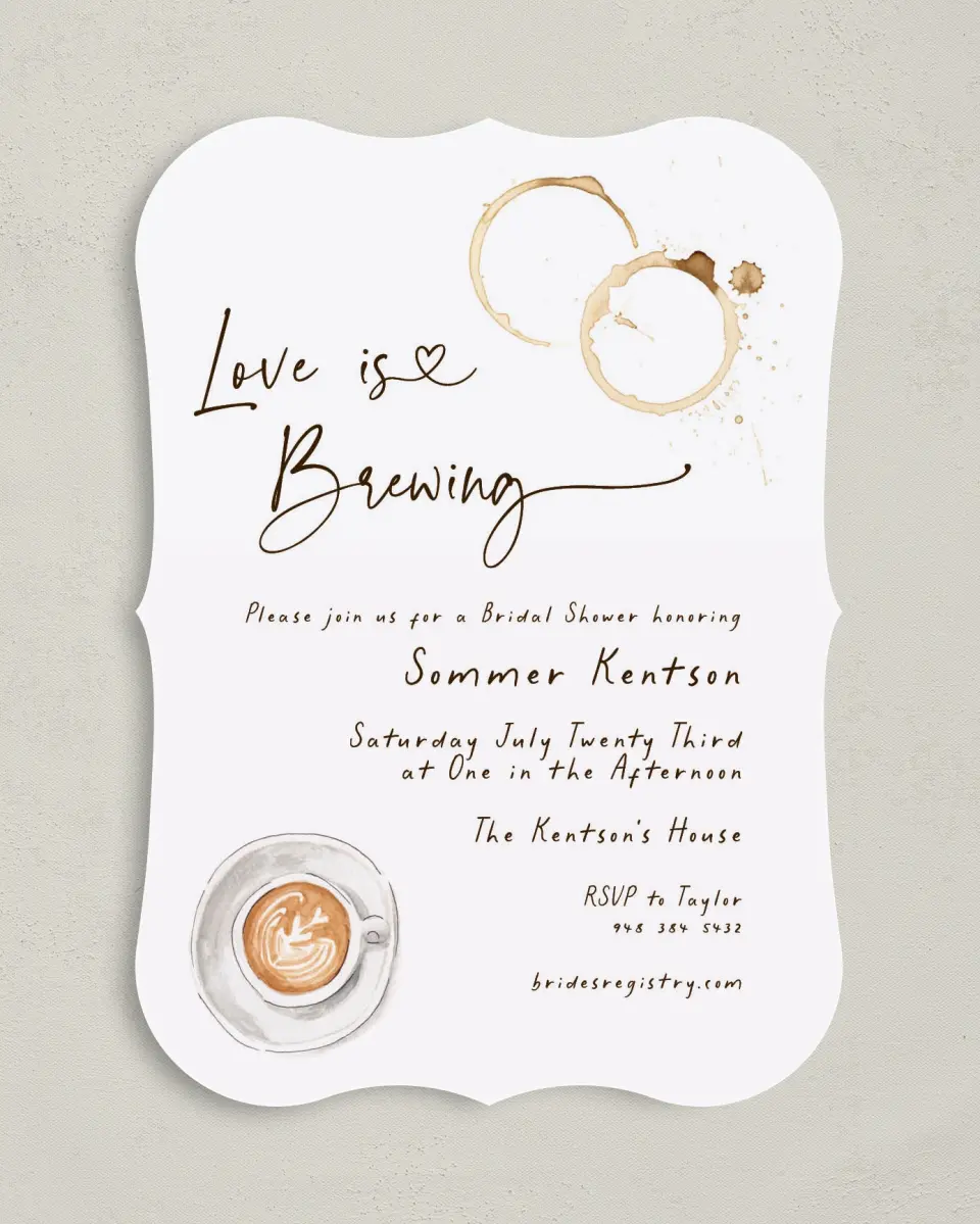 This is a 5" x 7" Bridal Shower Invitation called Love is Brewing printed in full color on Premium Smooth paper