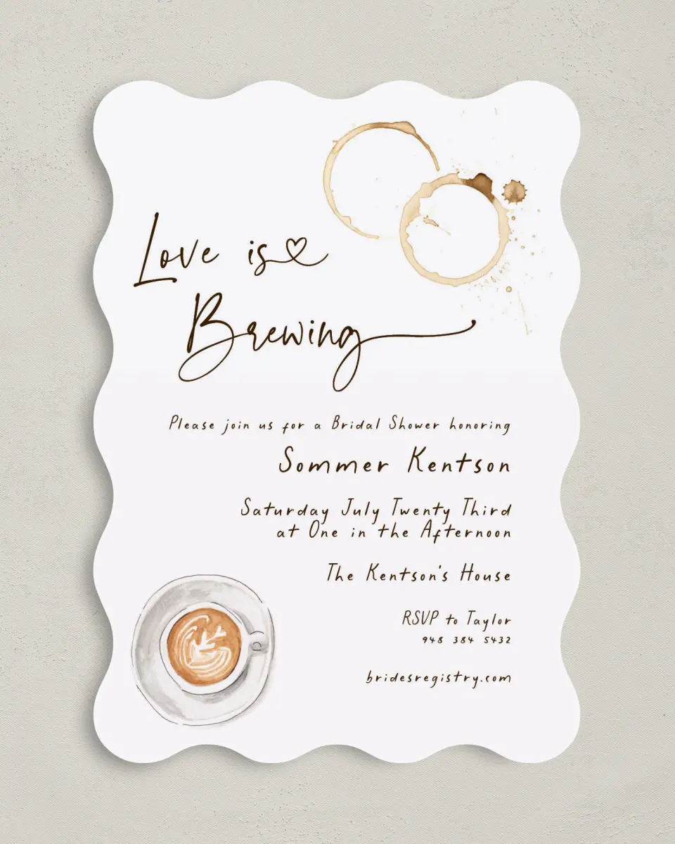 This is a 5" x 7" Bridal Shower Invitation called Love is Brewing printed in full color with Gold foil on Luxe Satin (coated) paper