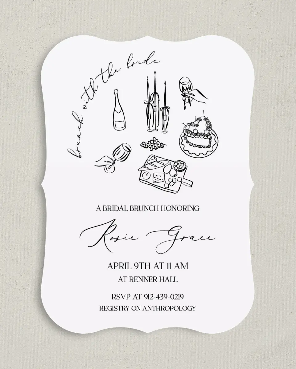 This is a 5" x 7" Bridal Shower Invitation called Stay a While printed in full color with Rose Gold foil on Luxe Satin (coated) paper