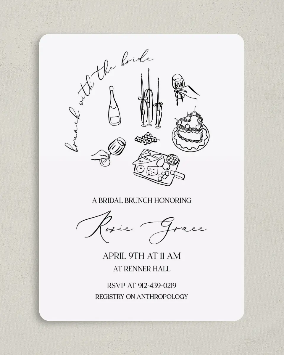 This is a 5" x 7" Bridal Shower Invitation called Stay a While printed in full color on Premium Smooth paper