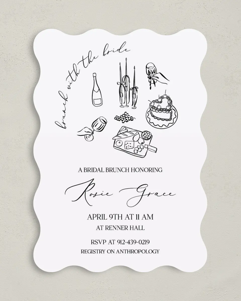 This is a 5" x 7" Bridal Shower Invitation called Stay a While printed in full color with Rose Gold foil on Luxe Satin (coated) paper