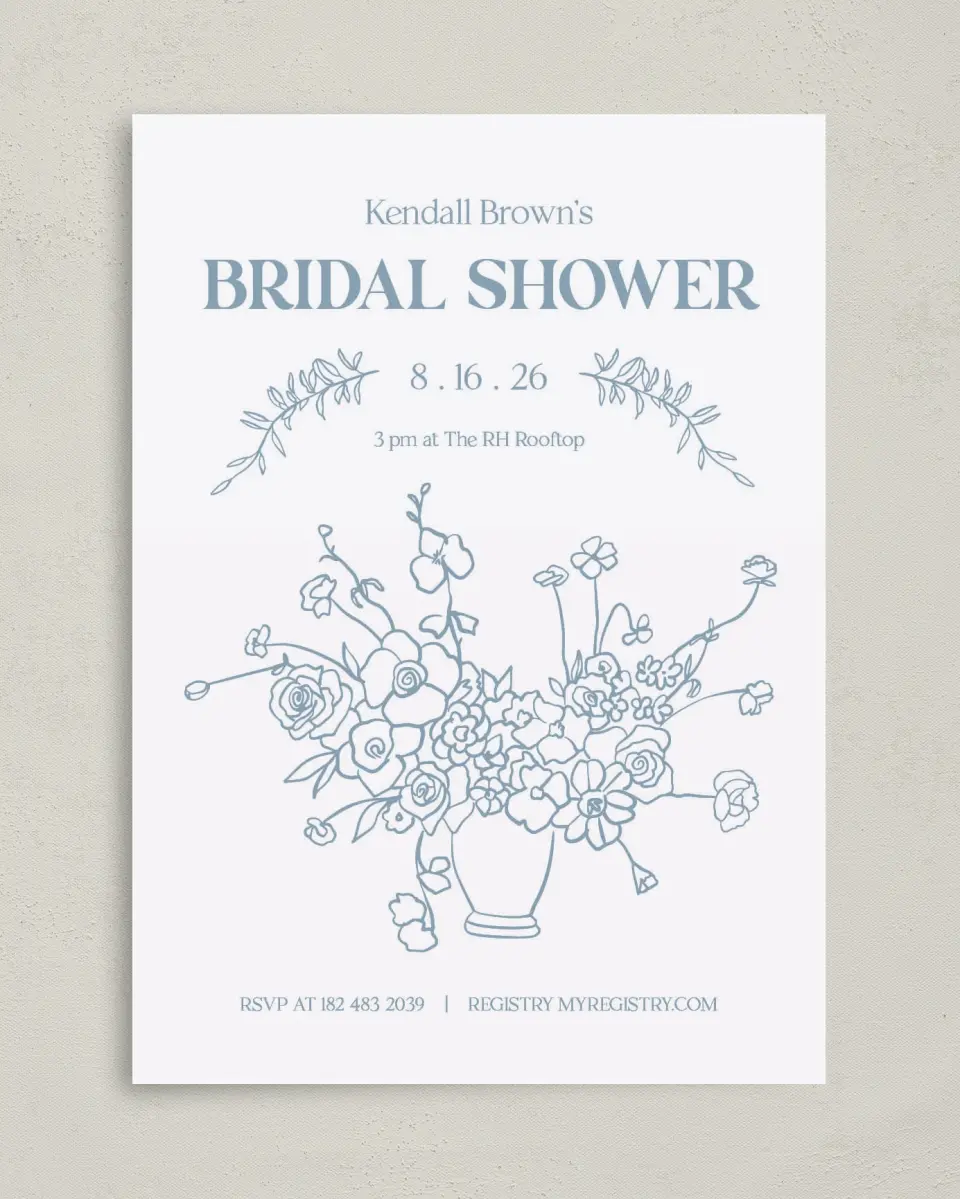 This is a 5" x 7" Bridal Shower Invitation called Bring the Blooms printed in full color with Rose Gold foil on Luxe Satin (coated) paper