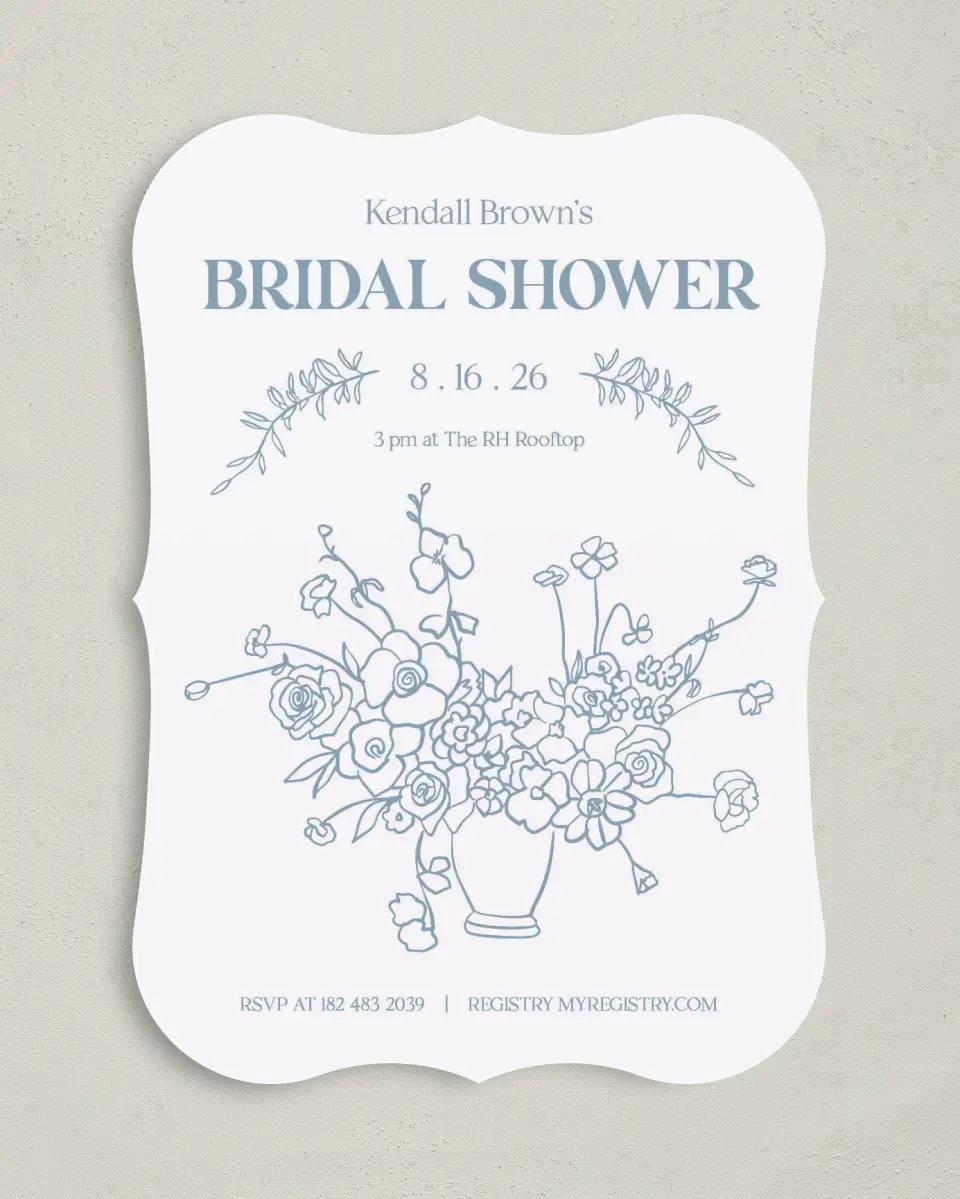 This is a 5" x 7" Bridal Shower Invitation called Bring the Blooms printed in full color with Rose Gold foil on Luxe Satin (coated) paper