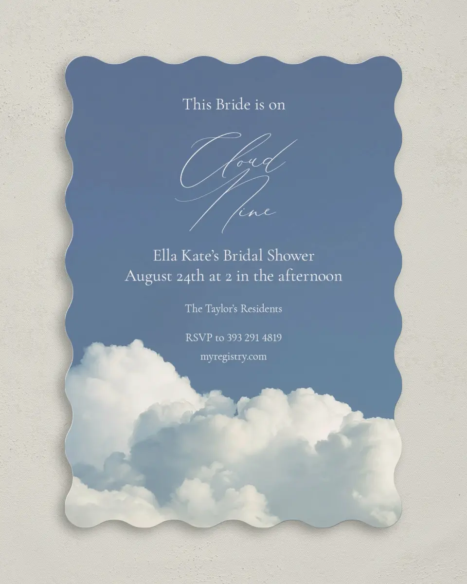 This is a 5" x 7" Bridal Shower Invitation called Cloud 9 printed in full color with Rose Gold foil on Luxe Satin (coated) paper