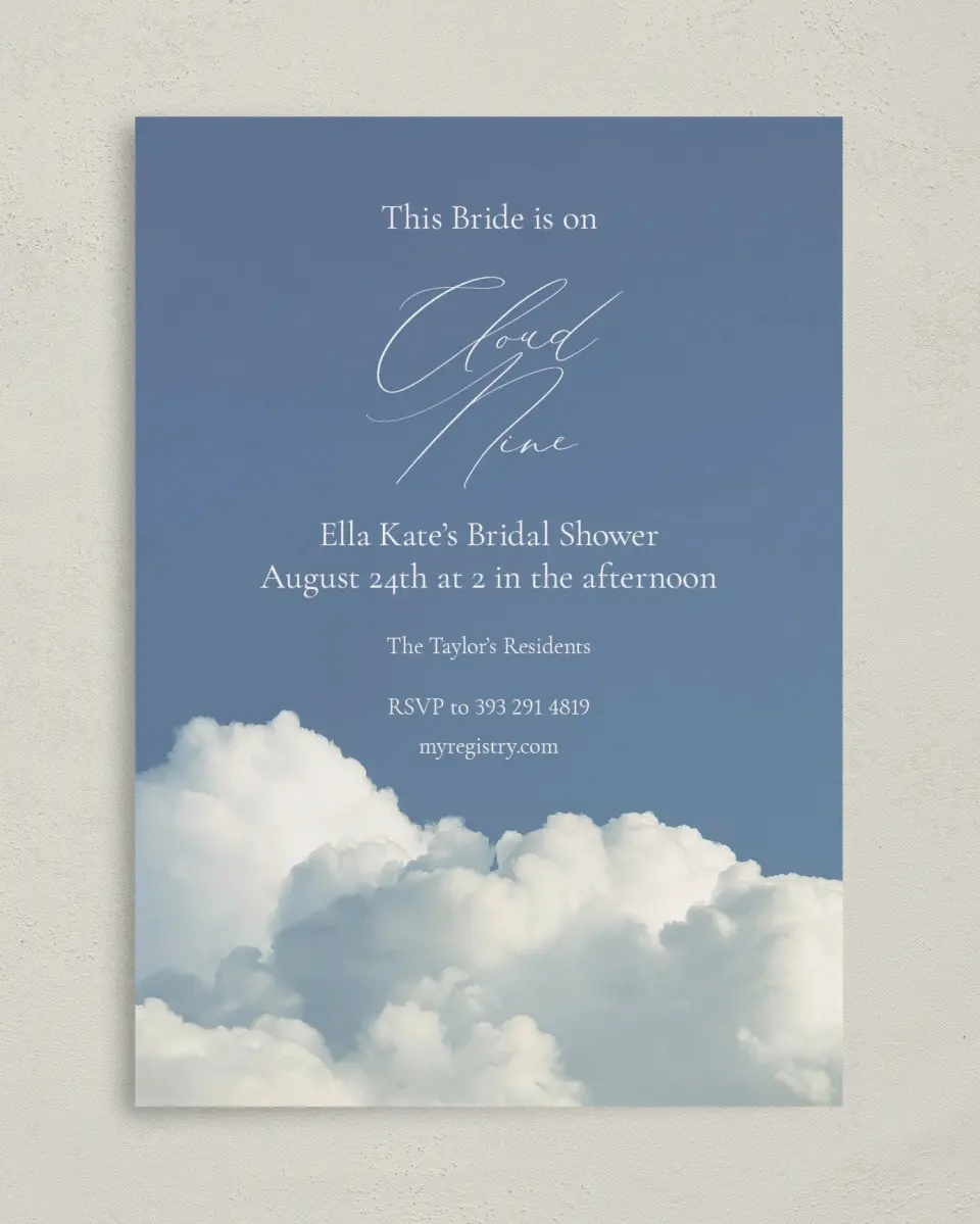 This is a 5" x 7" Bridal Shower Invitation called Cloud 9 printed in full color on Premium Smooth paper