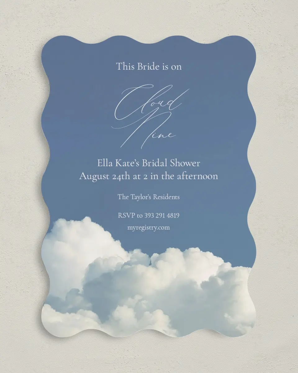 This is a 5" x 7" Bridal Shower Invitation called Cloud 9 printed in full color on Premium Smooth paper