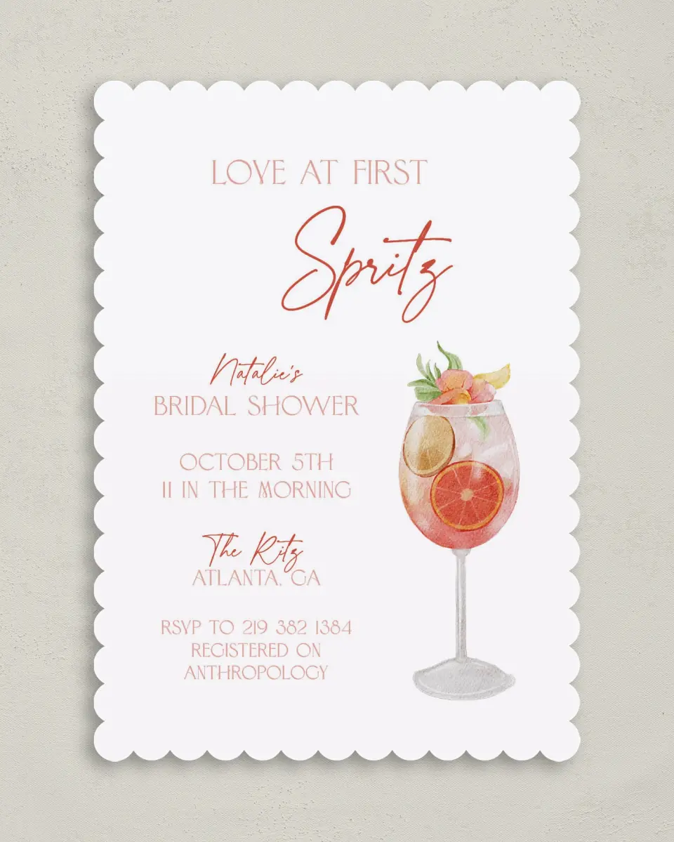 This is a 5" x 7" Bridal Shower Invitation called Love at First Spritz printed in full color with Rose Gold foil on Luxe Satin (coated) paper