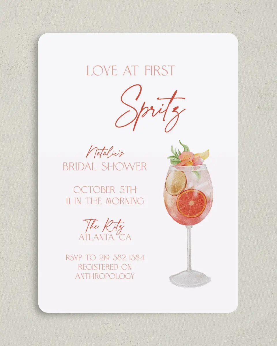 This is a 5" x 7" Bridal Shower Invitation called Love at First Spritz printed in full color on Premium Smooth paper