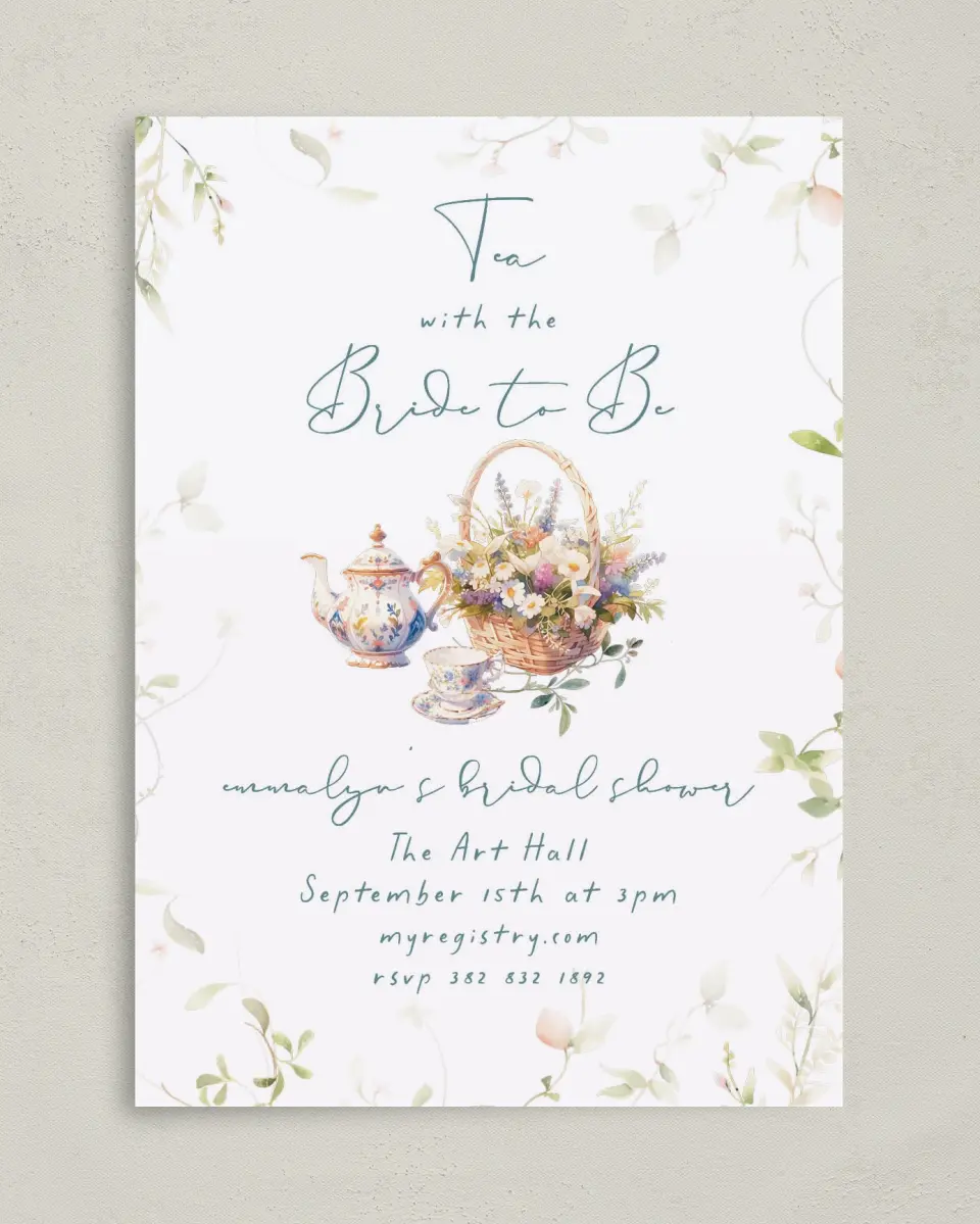 This is a 5" x 7" Bridal Shower Invitation called Tea Party for You printed in full color on Premium Smooth paper