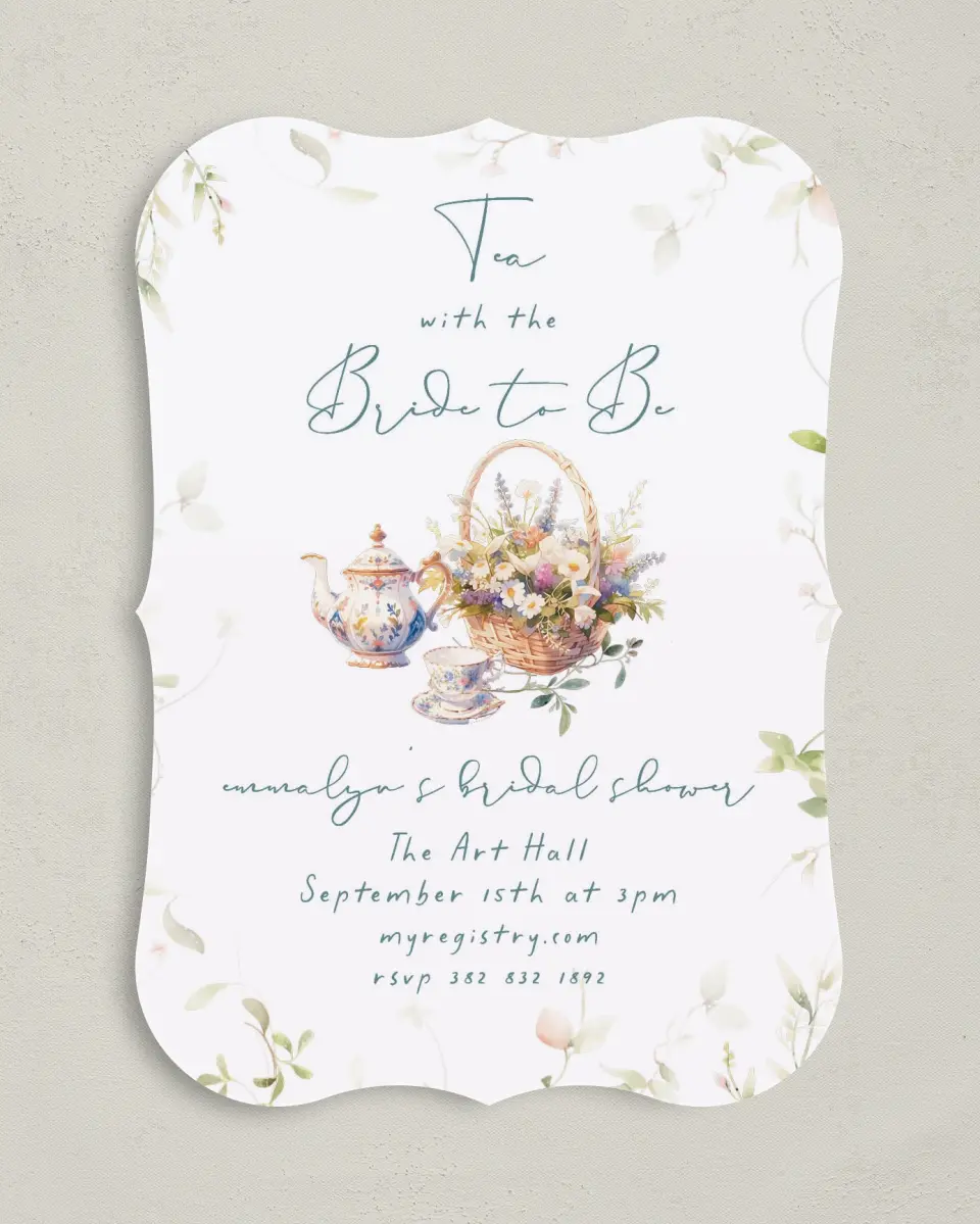 This is a 5" x 7" Bridal Shower Invitation called Tea Party for You printed in full color with Rose Gold foil on Luxe Satin (coated) paper