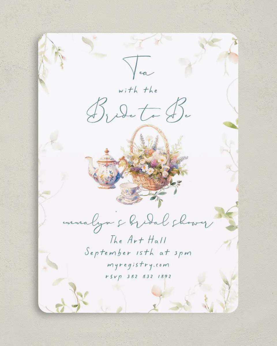 This is a 5" x 7" Bridal Shower Invitation called Tea Party for You printed in full color on Premium Smooth paper