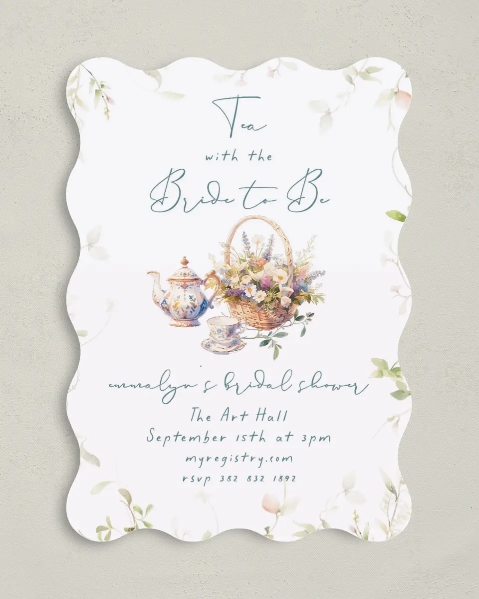 This is a 5" x 7" Bridal Shower Invitation called Tea Party for You printed in full color with Rose Gold foil on Luxe Satin (coated) paper