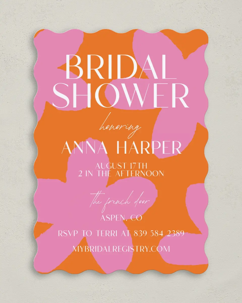 This is a 5" x 7" Bridal Shower Invitation called Funky Fun printed in full color with Rose Gold foil on Luxe Satin (coated) paper