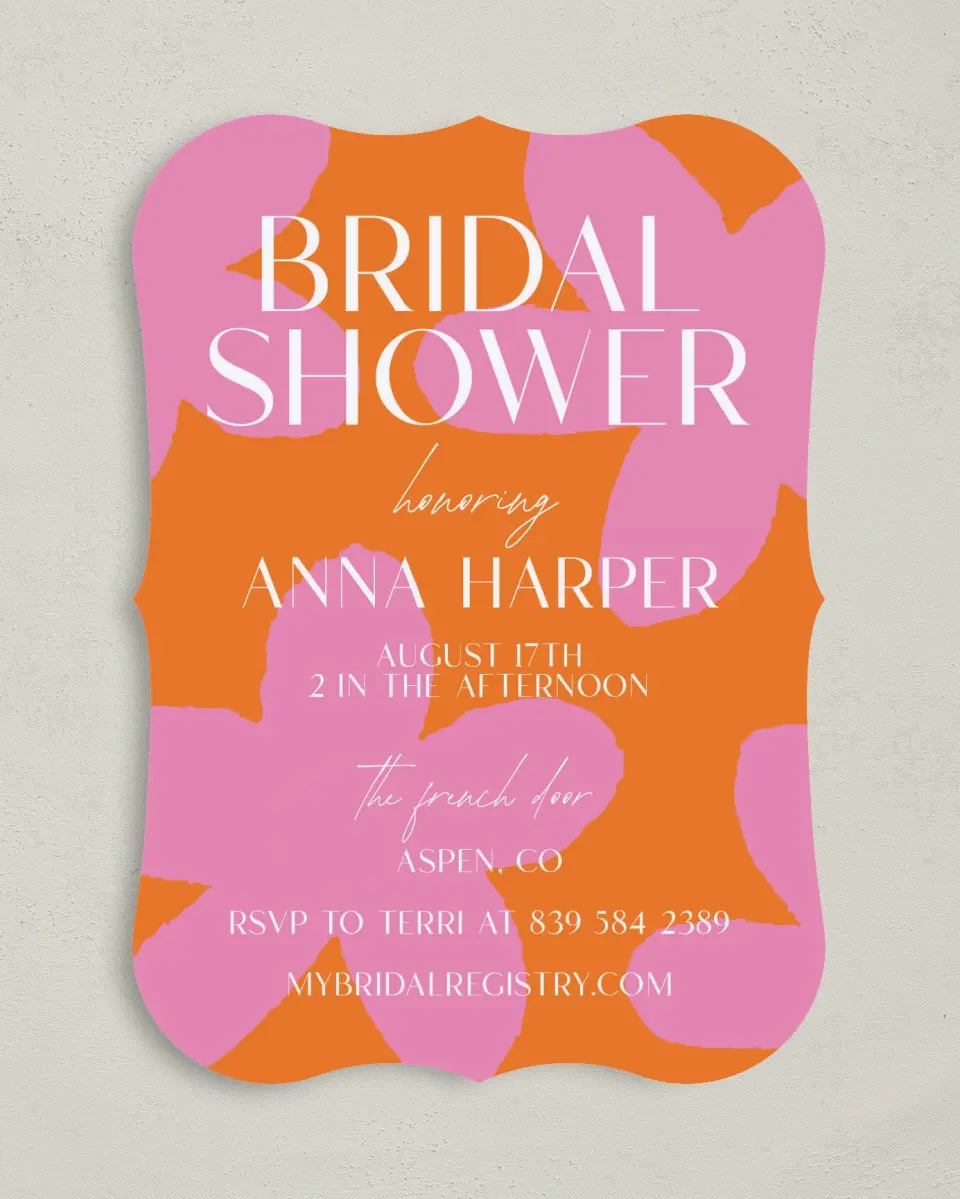 This is a 5" x 7" Bridal Shower Invitation called Funky Fun printed in full color with Rose Gold foil on Luxe Satin (coated) paper