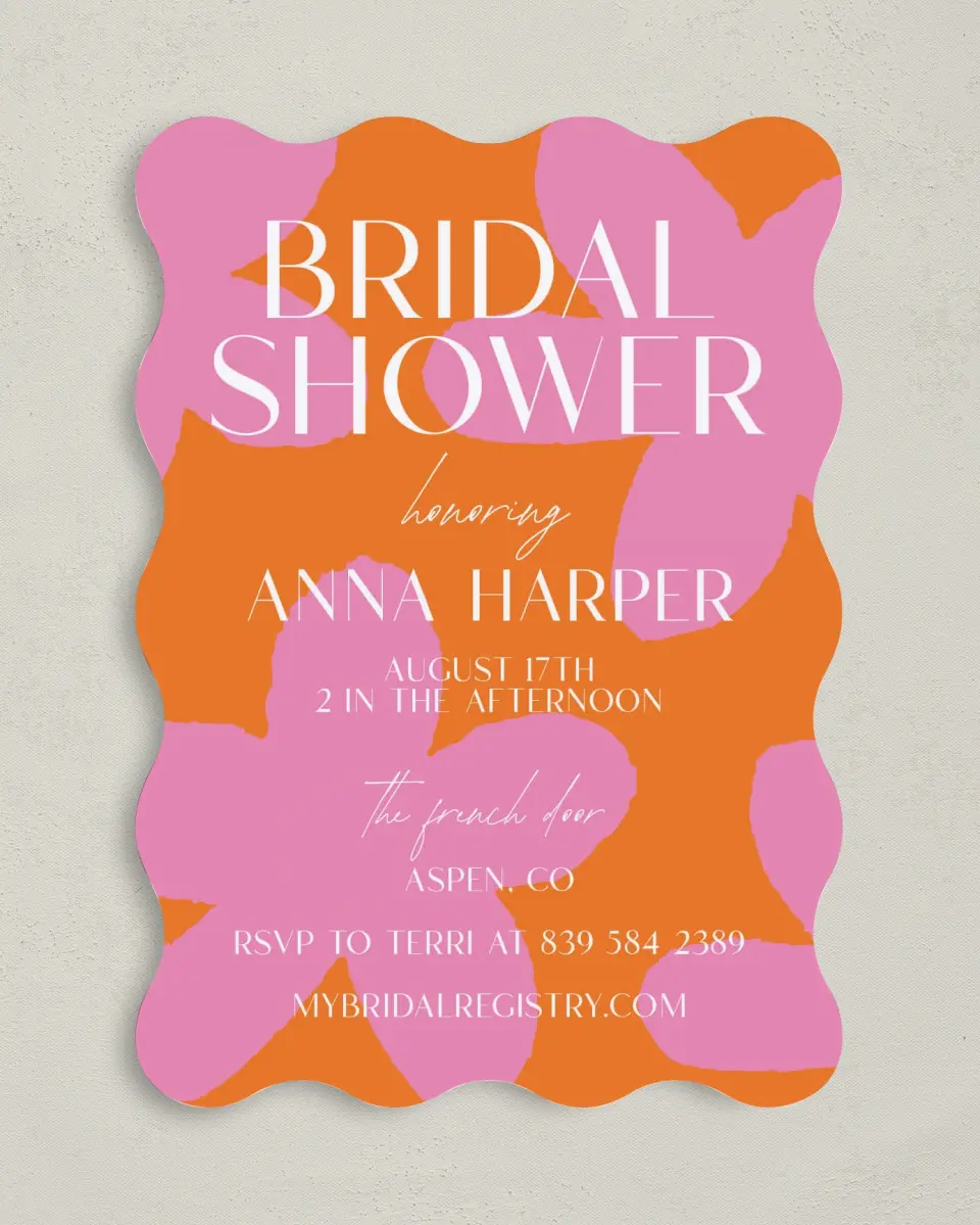 This is a 5" x 7" Bridal Shower Invitation called Funky Fun printed in full color with Gold foil on Luxe Satin (coated) paper