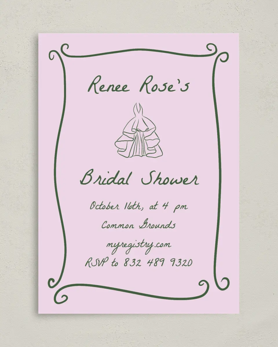 This is a 5" x 7" Bridal Shower Invitation called Pretty & Frilly printed in full color on Premium Smooth paper