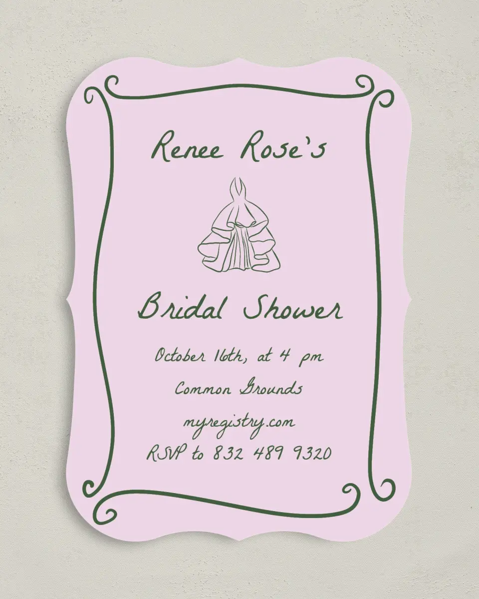 This is a 5" x 7" Bridal Shower Invitation called Pretty & Frilly printed in full color with Rose Gold foil on Luxe Satin (coated) paper