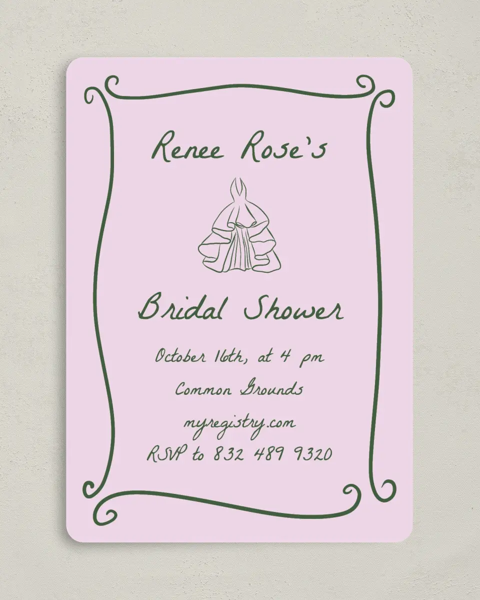 This is a 5" x 7" Bridal Shower Invitation called Pretty & Frilly printed in full color on Premium Smooth paper