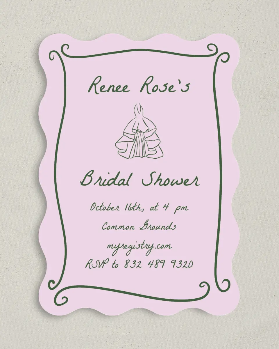 This is a 5" x 7" Bridal Shower Invitation called Pretty & Frilly printed in full color with Silver foil on Luxe Satin (coated) paper