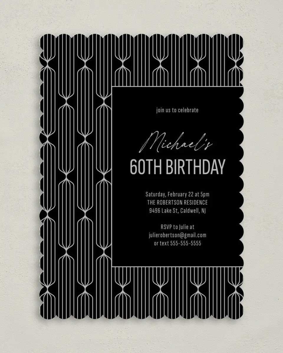 This is a 5" x 7" Birthday Party Invitation called Silver & Sleek printed in full color on Premium Smooth paper