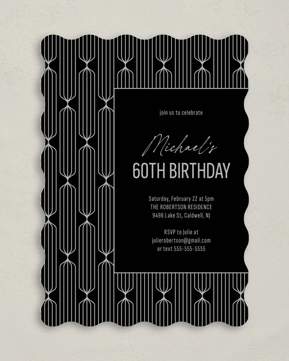This is a 5" x 7" Birthday Party Invitation called Silver & Sleek printed in full color on Premium Smooth paper