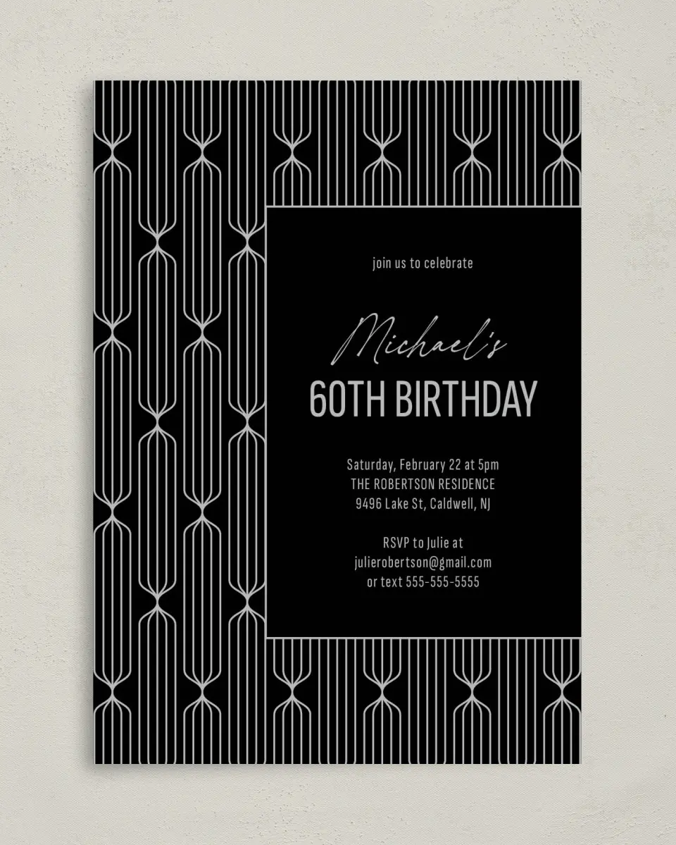 This is a 5" x 7" Birthday Party Invitation called Silver & Sleek printed in full color on Premium Smooth paper