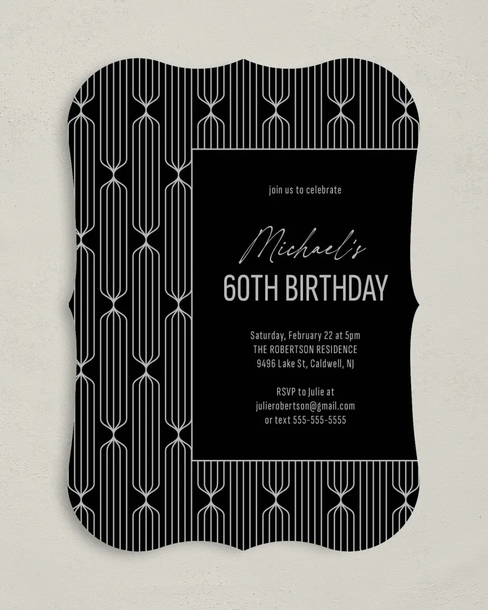 This is a 5" x 7" Birthday Party Invitation called Silver & Sleek printed in full color with Gold foil on Luxe Satin (coated) paper