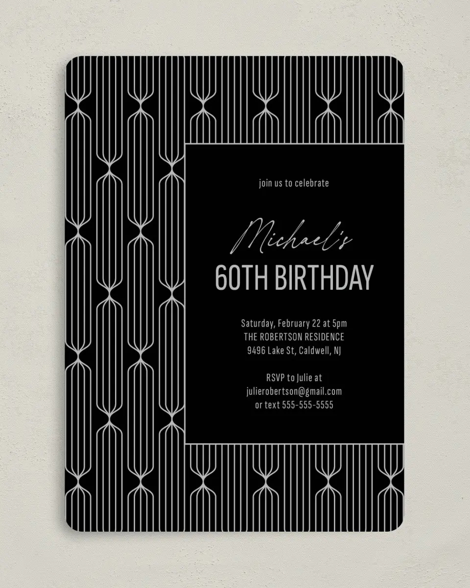 This is a 5" x 7" Birthday Party Invitation called Silver & Sleek printed in full color with Gold foil on Luxe Satin (coated) paper