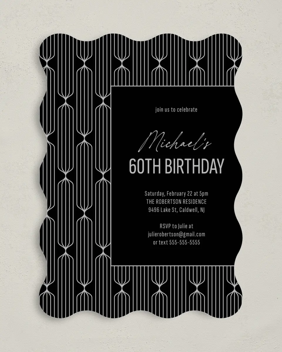 This is a 5" x 7" Birthday Party Invitation called Silver & Sleek printed in full color on Premium Smooth paper