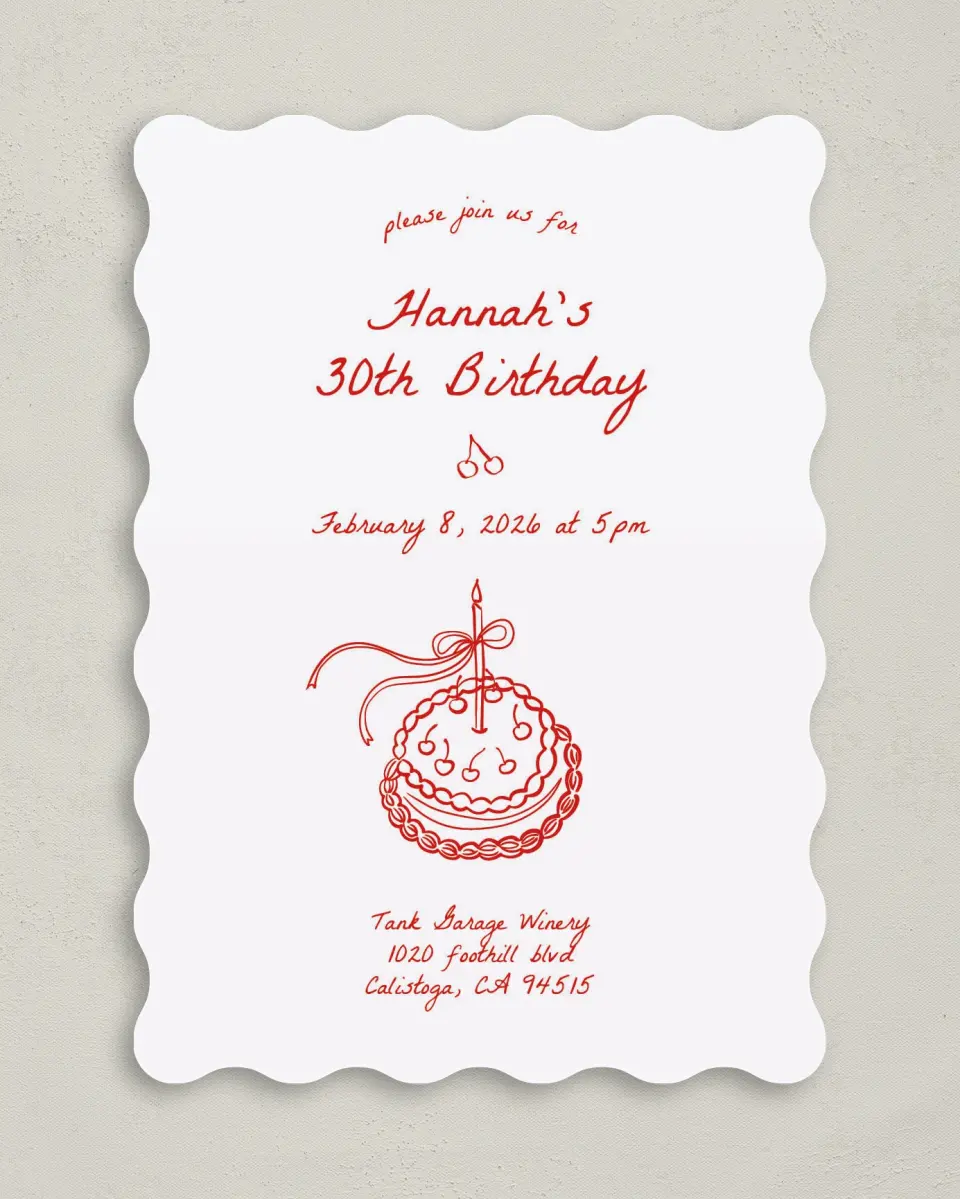 This is a 5" x 7" Birthday Party Invitation called Charming Cake printed in full color on Premium Smooth paper