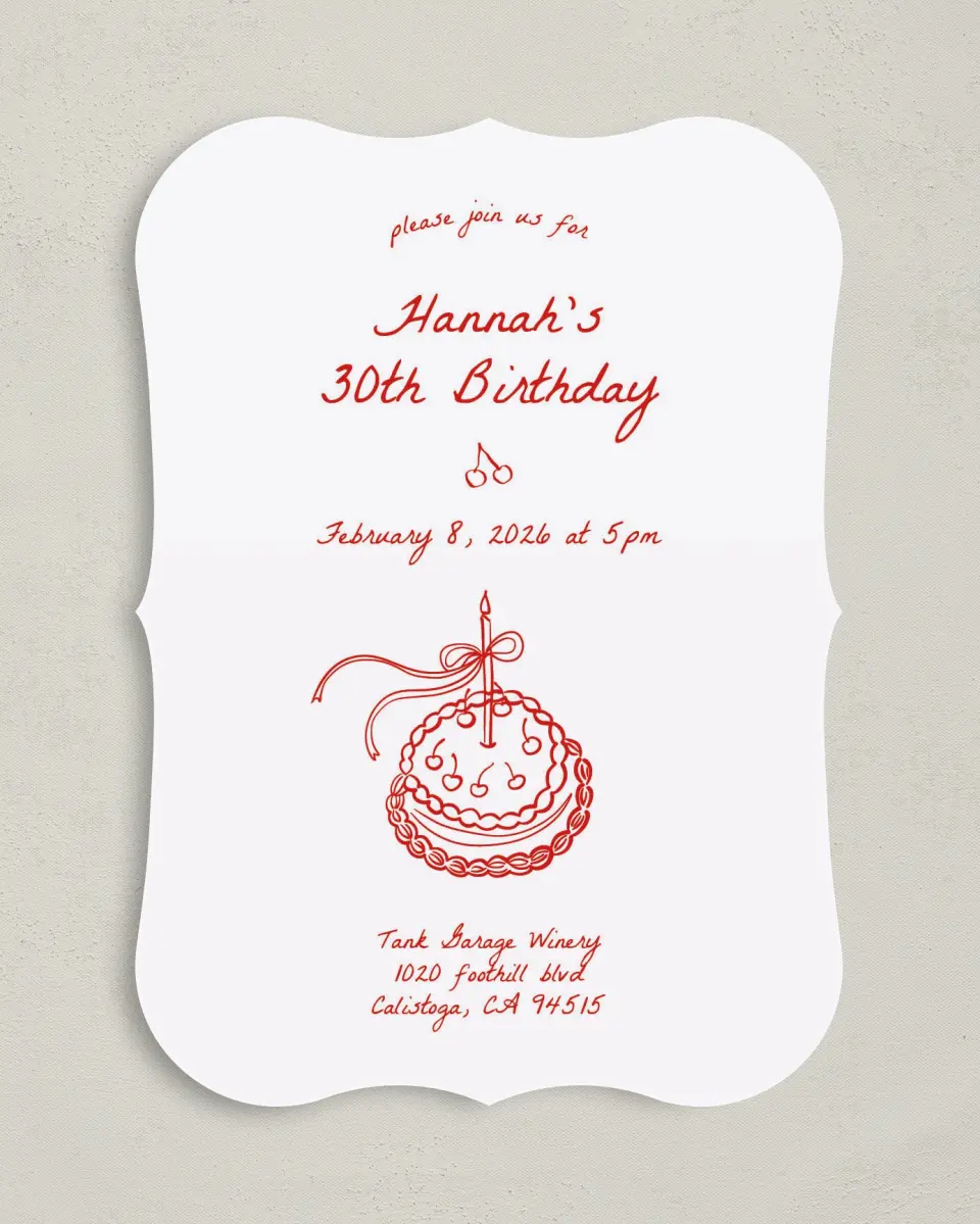 This is a 5" x 7" Birthday Party Invitation called Charming Cake printed in full color with Gold foil on Luxe Satin (coated) paper
