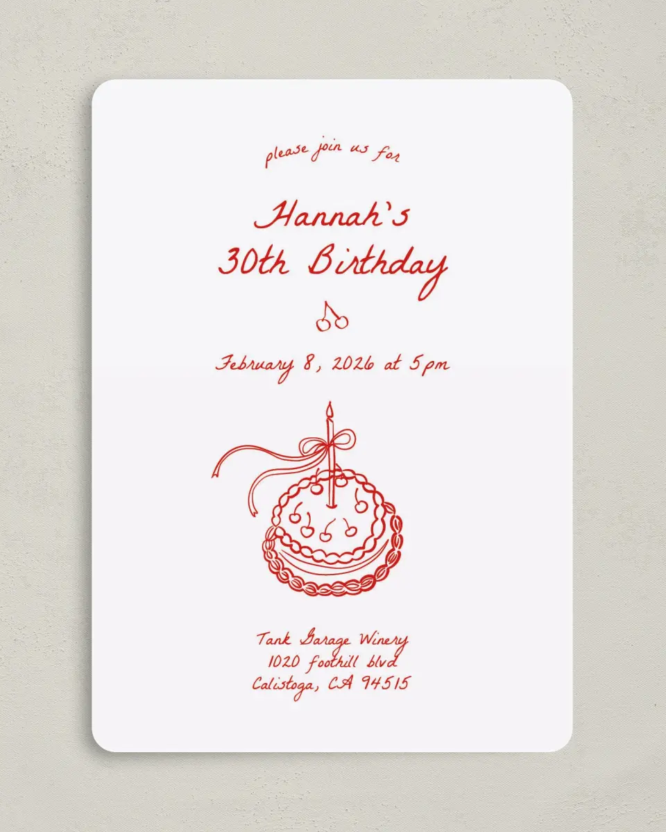This is a 5" x 7" Birthday Party Invitation called Charming Cake printed in full color with Gold foil on Luxe Satin (coated) paper